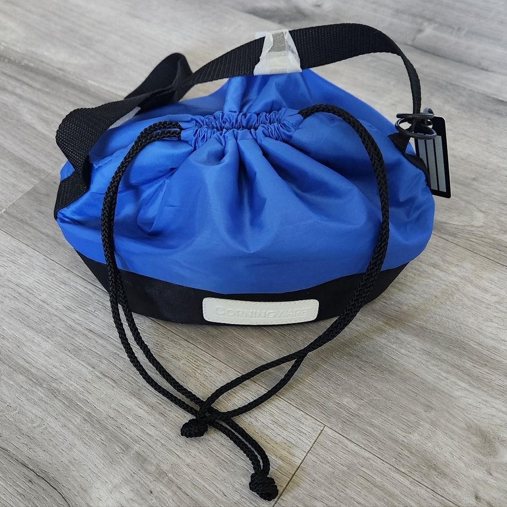 Corningware Pop-in Vintage Insulated Carrying Tote drawstring Closure Blue/white